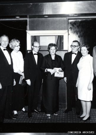 At the inauguration of the D.B. Clarke Theatre held Feb. 7, 1970. Left to right: Chancellor Fraser F. Fulton, Iris Fulton, Principal John W. O’Brien (who would become Rector in 1974 and later speaker of Senate), Joyce O’Brien, Douglass Clarke and Dorothy Clarke.  